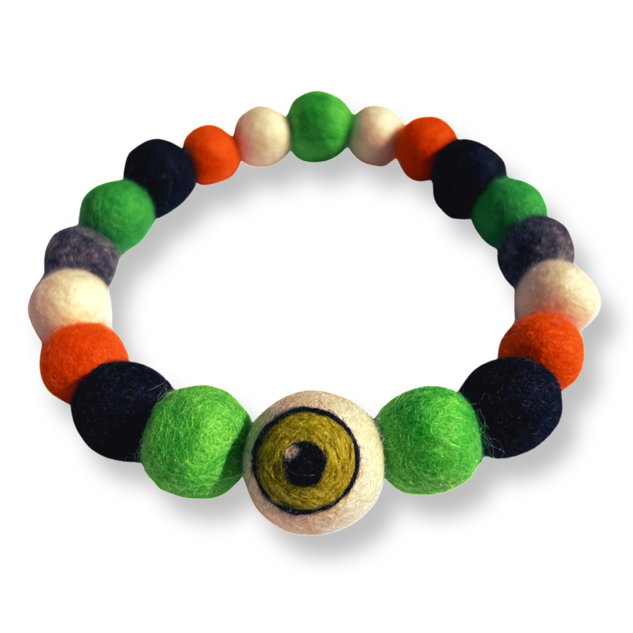 Halloween Eyeball Pom Pom Dog Collar - Green-1