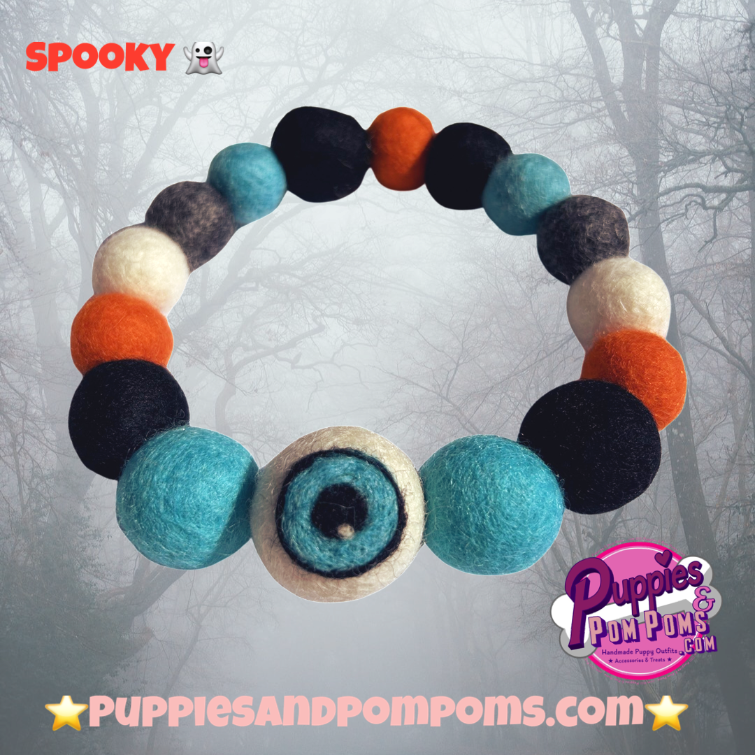 Halloween Eyeball Pom Pom Dog Collar - Blue-2