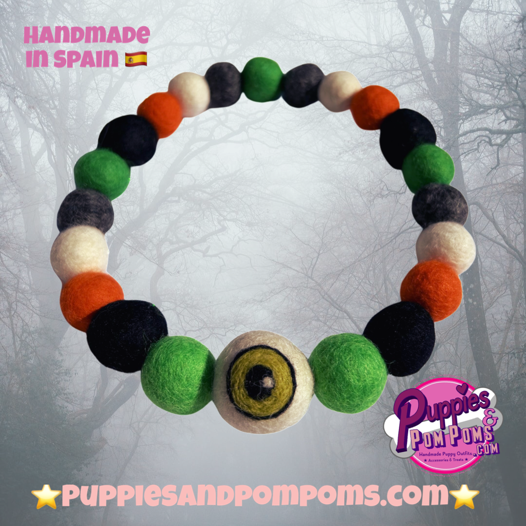 Halloween Eyeball Pom Pom Dog Collar - Green-2