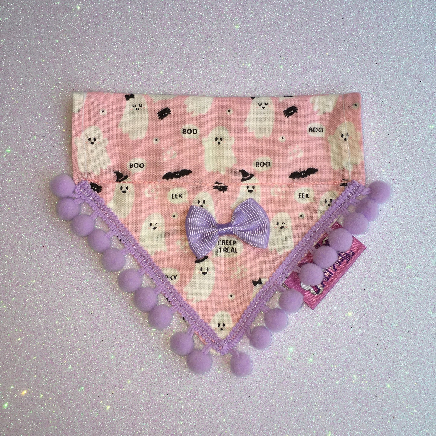 Cute Pink Ghosts! Halloween Pompom Dog Bandana-3