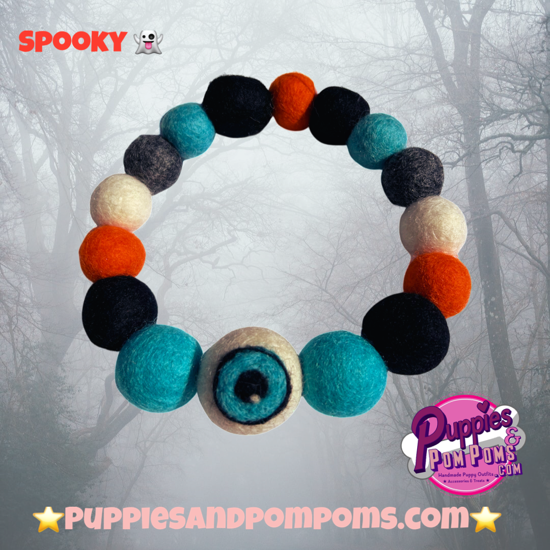 Halloween Eyeball Pom Pom Dog Collar - Blue-3