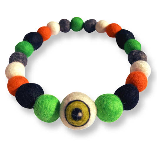 Halloween Eyeball Pom Pom Dog Collar  - Green-0